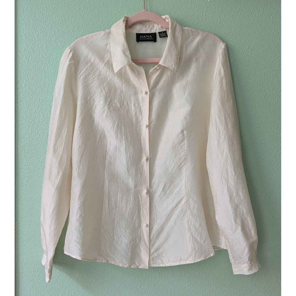 Dana Buchman Vintage 100% Silk 90s Minimalist Blouse Tan Cream Button Up Shirt